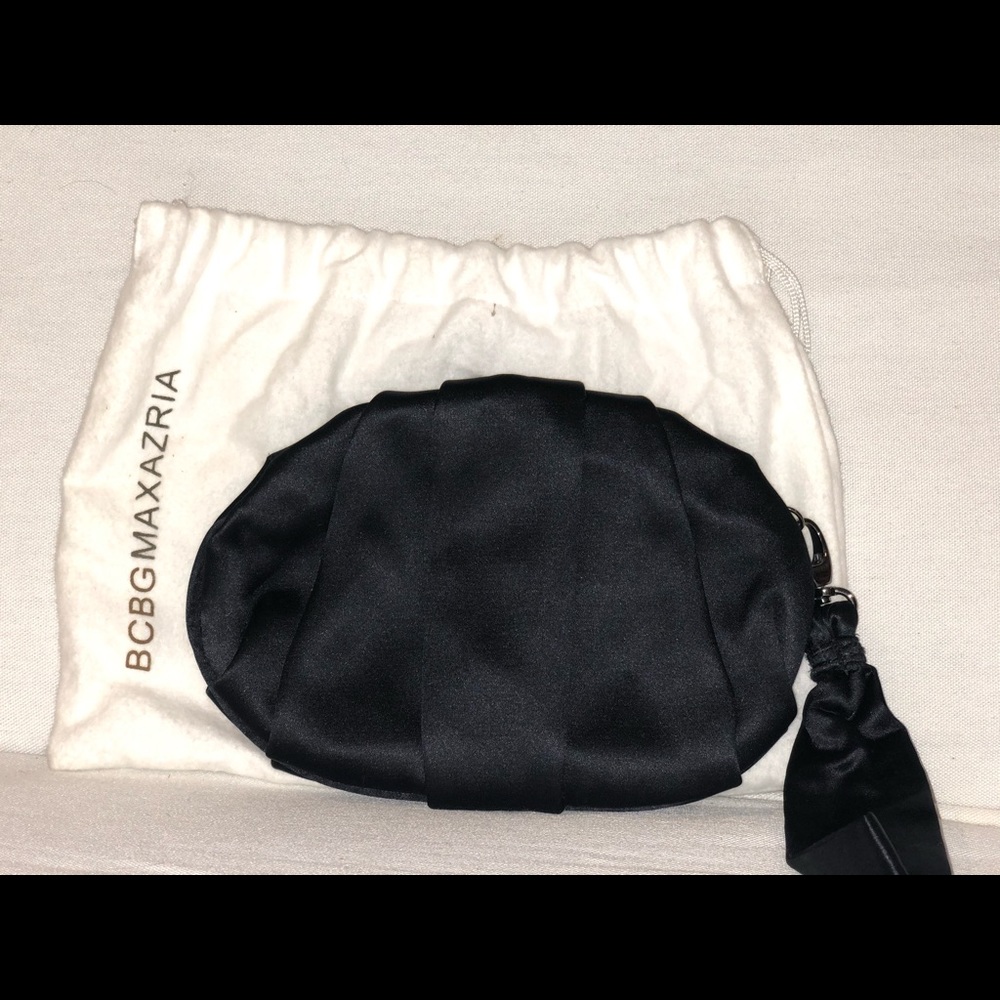 BCBG black satin wristlet